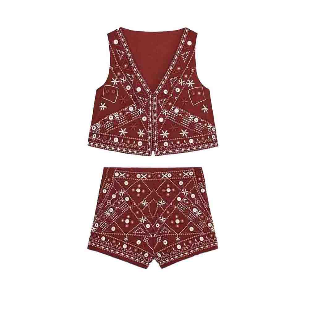 suit Women's 2 pieces New mirror effect decoration V-neck embroidered vest+Shorts suit