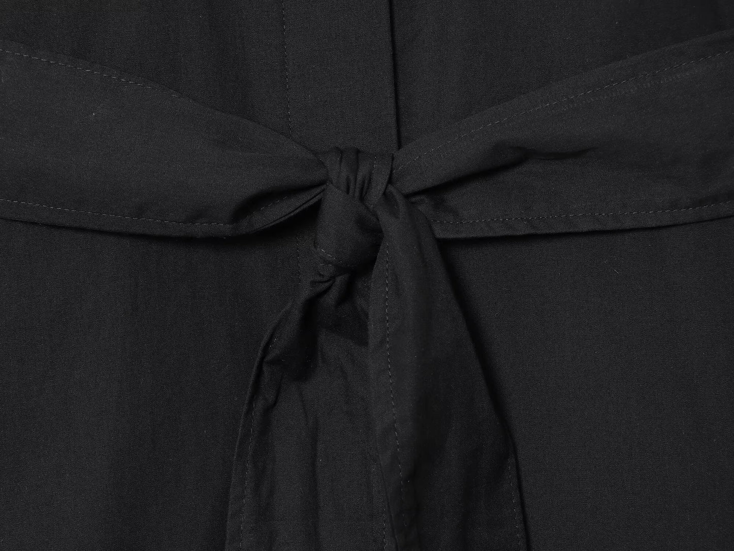 Women's 2025 New Fashion With Belt Black Poplin Button-up Shirt