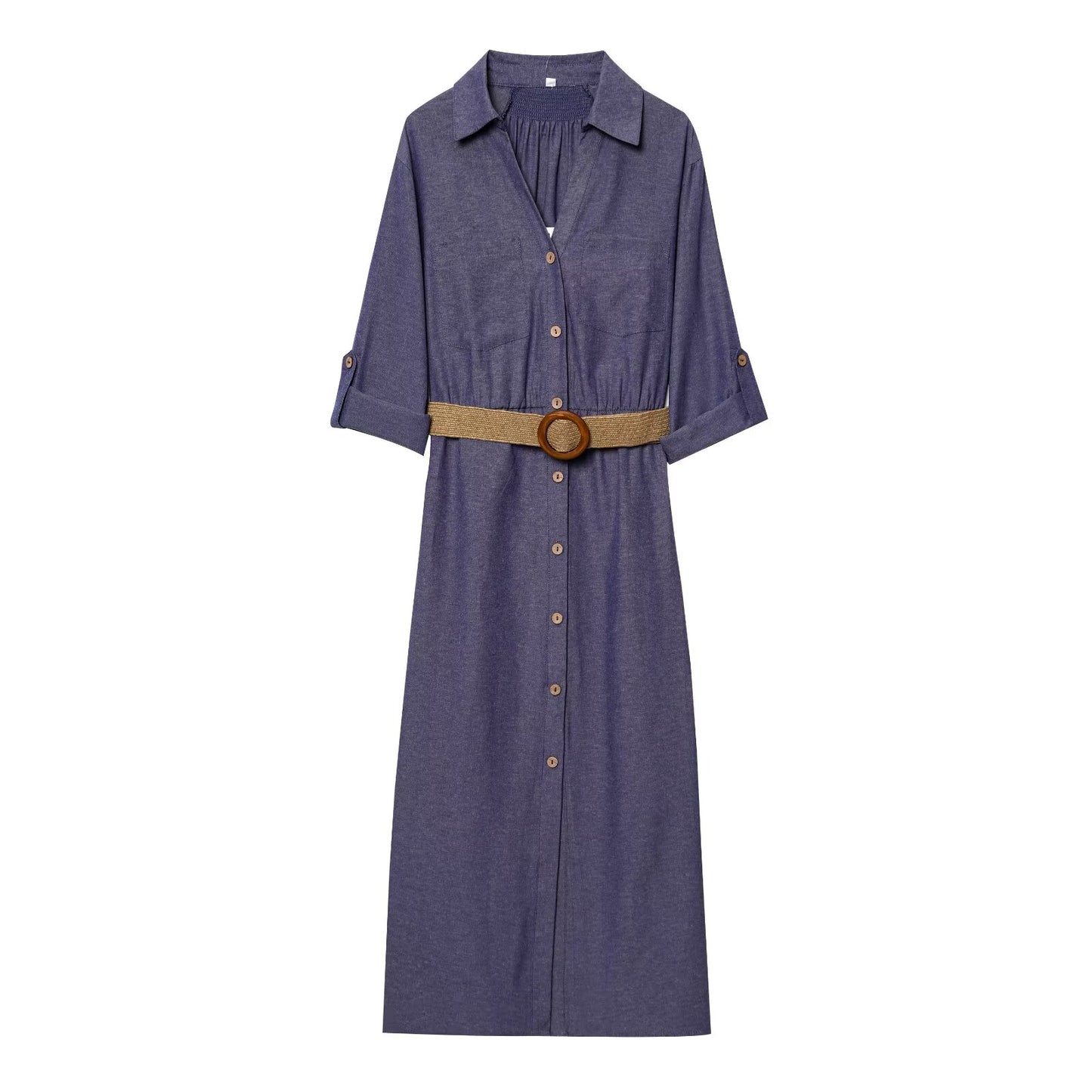 Women's new chic Fashion With belt single breasted shirt style MIDI dress retro short sleeved women's dress