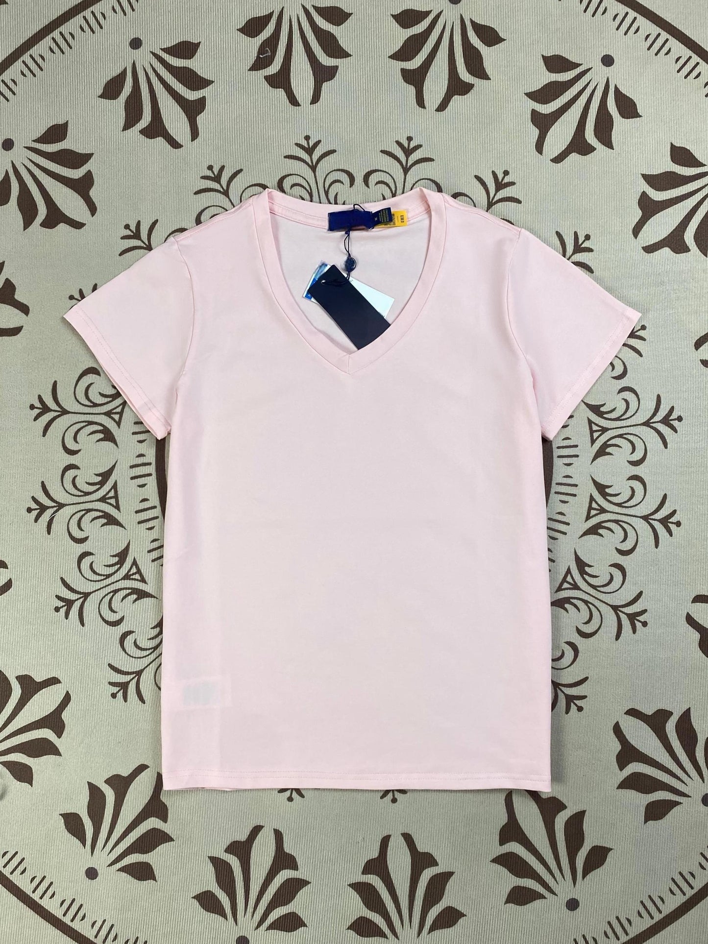 Women's New Fashion Joker Embroidered Pure Cotton Solid Color V-neck Slim T-shirt