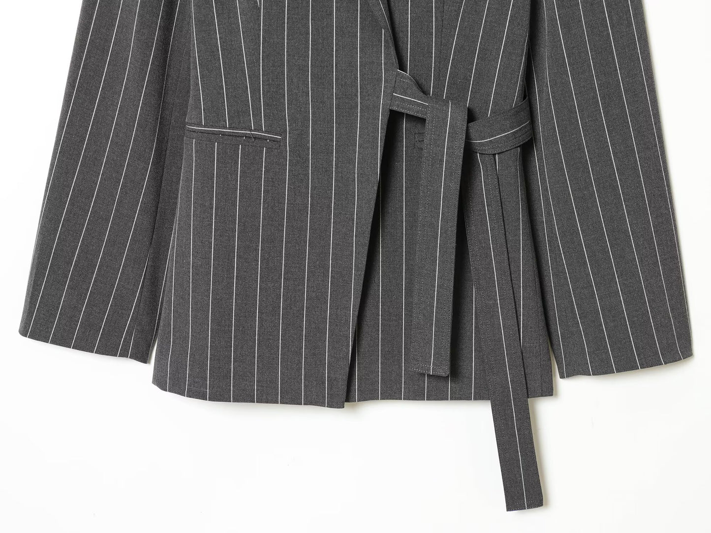 suit Women's 2 pieces wrap style lace up striped Blazer Coat +Pants