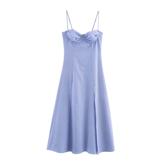 Women's new fashion linen blend tight corset style suspender MIDI dress