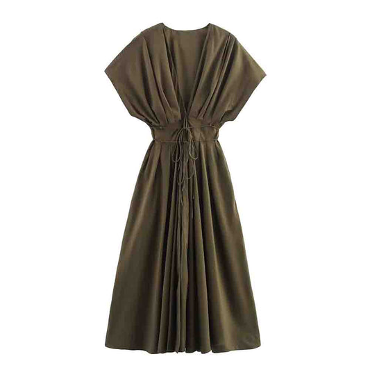 Women's new fashion Tie up Straps design pleated V-neck MIDI dress