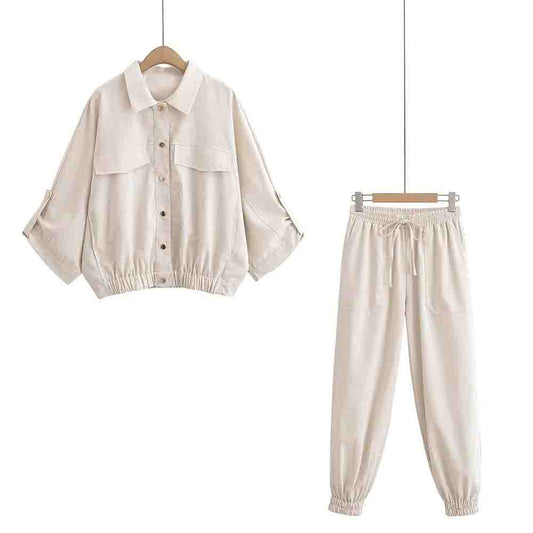 suit Women's 2 pieces new fashion loose button up shirt coat+Pants suit