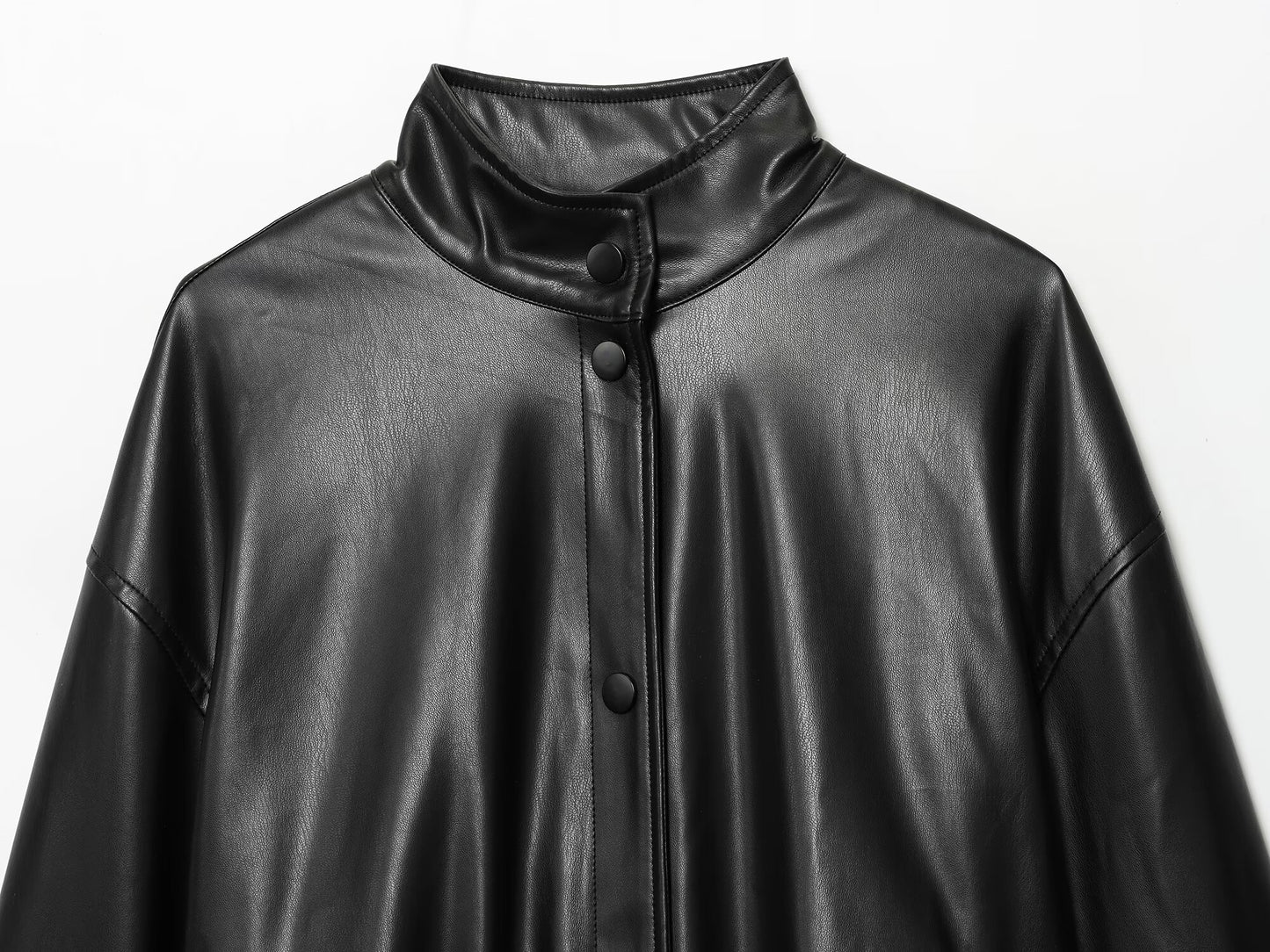 Women's new fashion black high neck faux leather flight jacket Coat