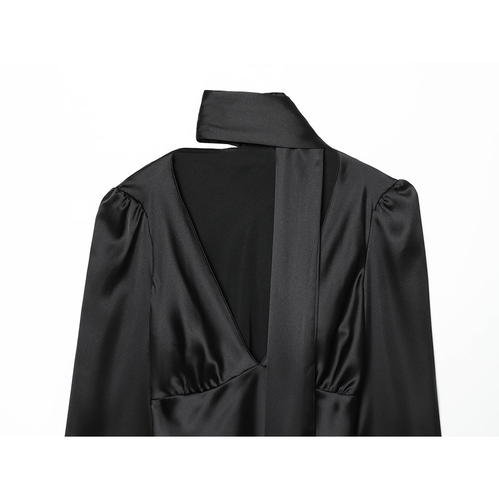 Women's scarf decoration V-neck satin textured shirt