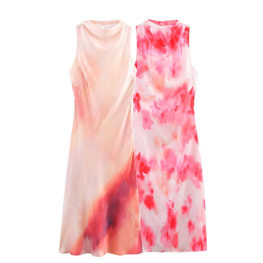 Women's 2025 new fashion sleeveless tie dye satin texture MIDI dress