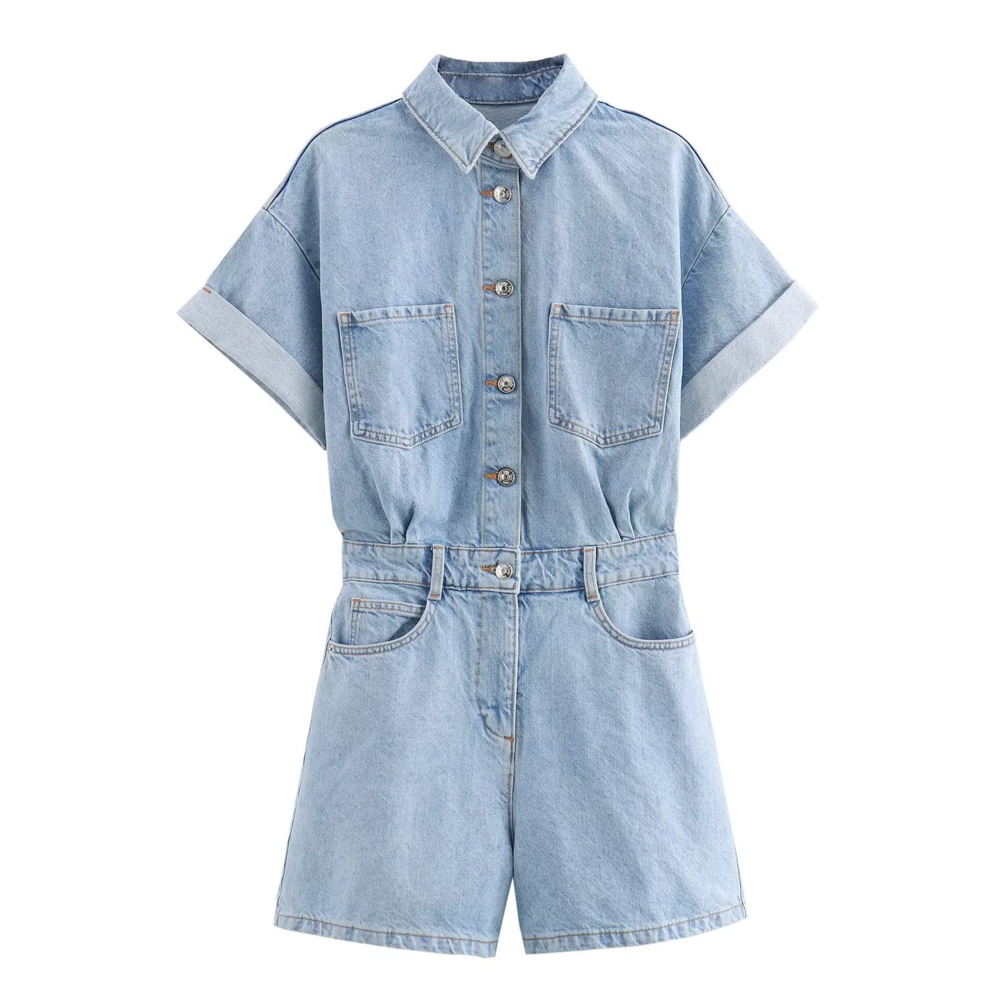 Women's new fashion short sleeved single breasted denim jumpsuit