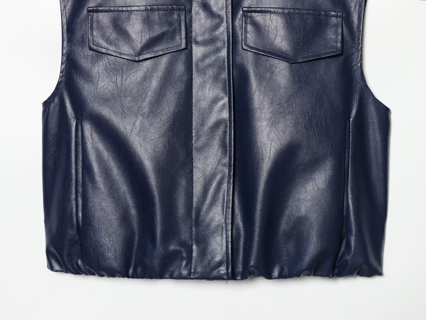 suit Women's 2 pieces leather effect sleeveless stand collar top+Skirts