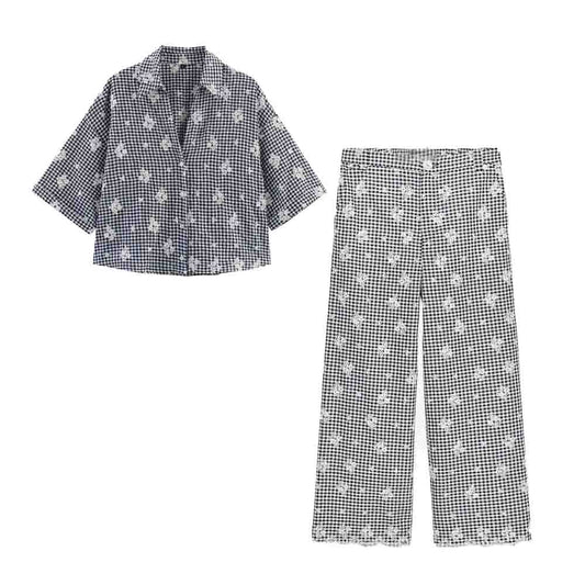 Women's new fashion short sleeved embroidered Plaid shirt+Pants suit