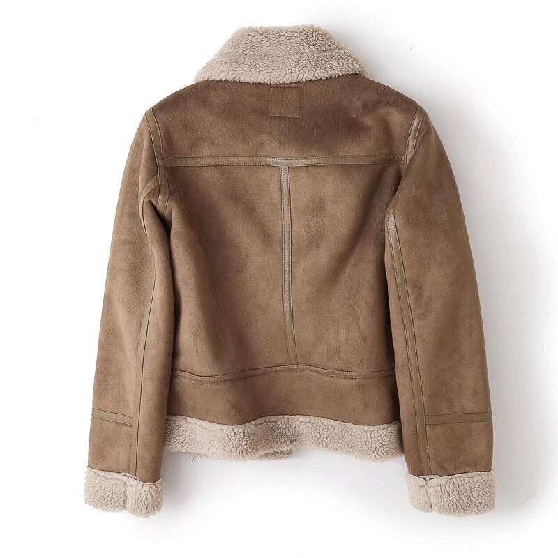 Women's with Belt loose warm Fur Faux Leather jacket Coat