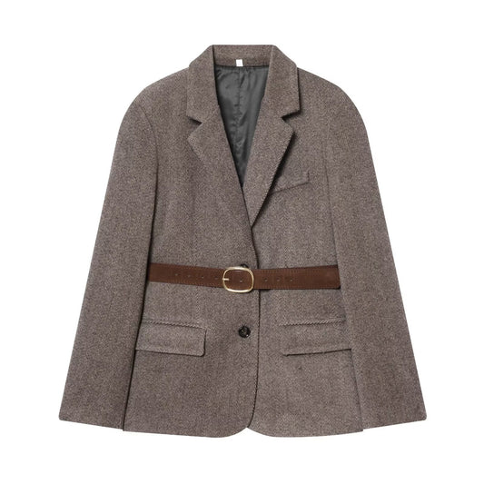 Women's with Belt herringbone diagonal Blazer Coat