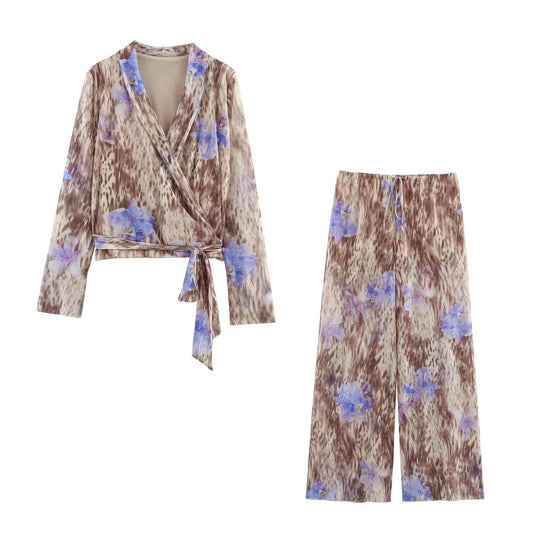 Women's 2025 new fashion printed tulle lace up shirt+Pants Women's suit