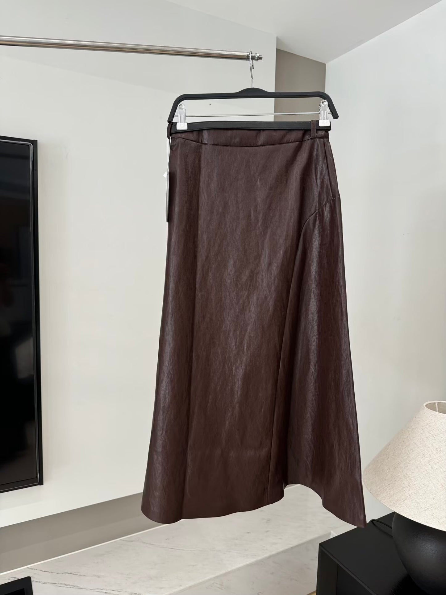 Women's New Fashion With Belt Casual Leather Effect Midi Skirt