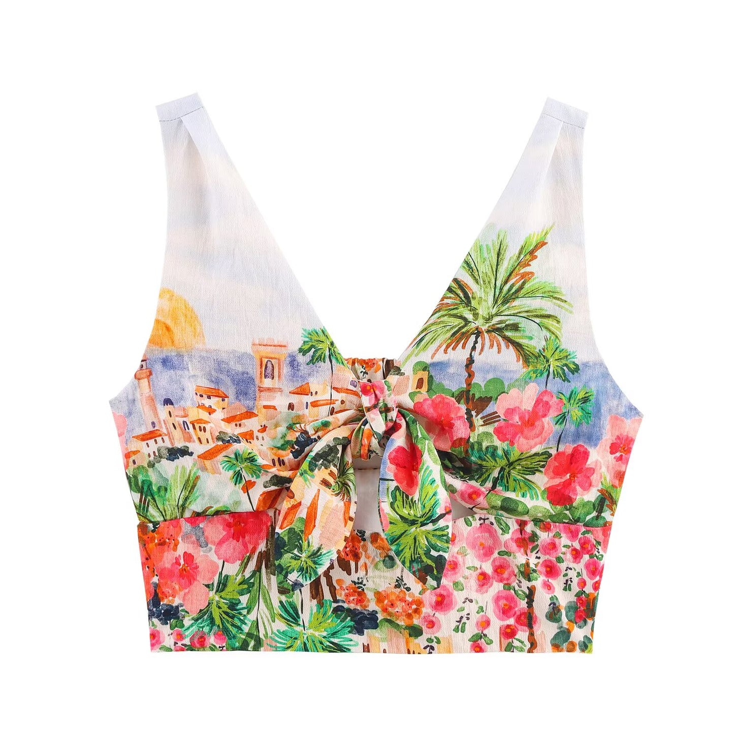 suit Women's 2 pieces new fashion bow decoration short printed top+Skirts suit