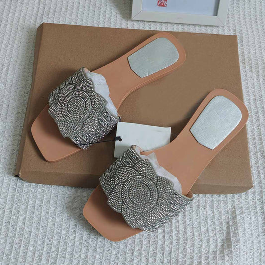 Women's New Fashion Casual Joker Flat Shoes Rhinestone Slippers Word Sandals Women.