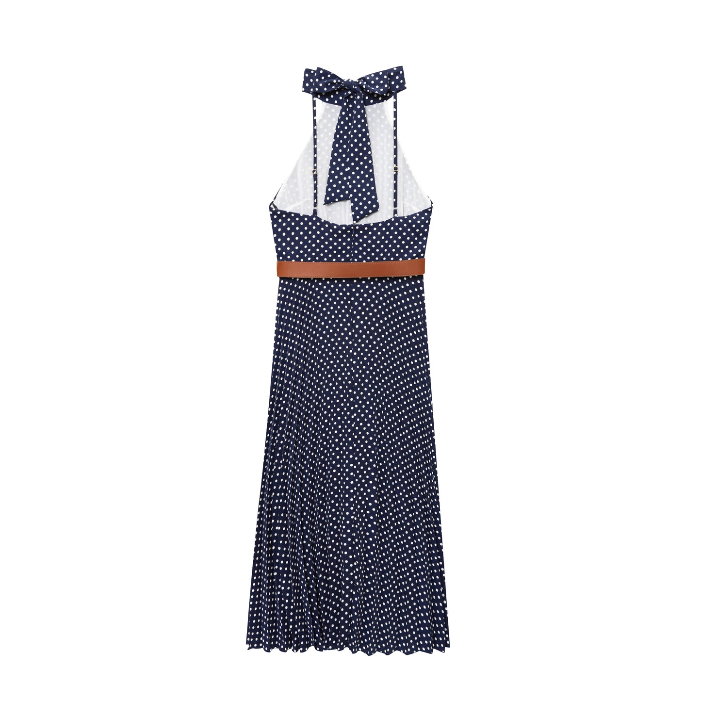 Women's New Fashion with Belt polka dot print hanging neck collar MIDI dress
