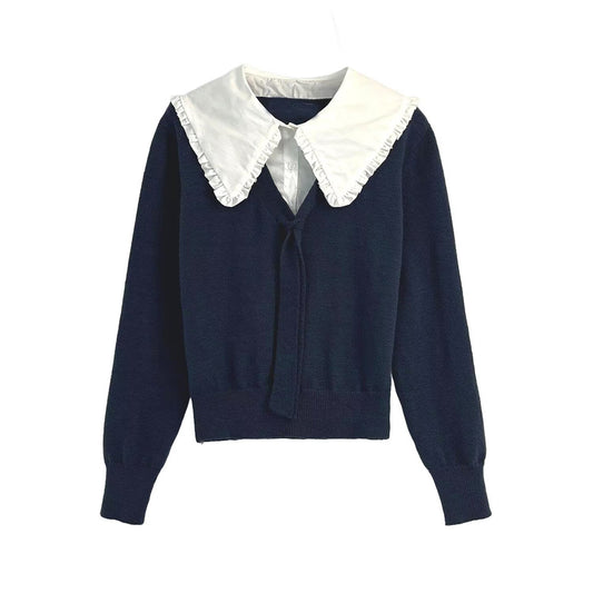Women's new fashion contrasting patchwork collar short knit sweater