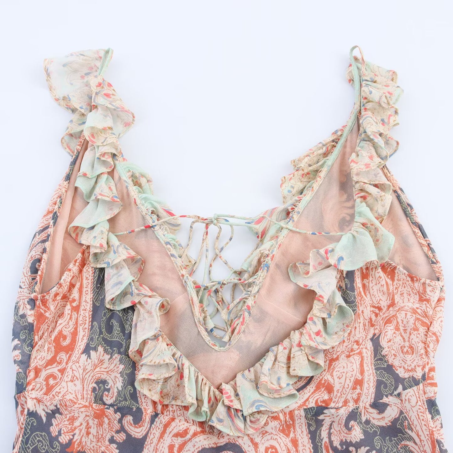 Women's new Fashion lingerie style printed V-neck suspender MIDI dress