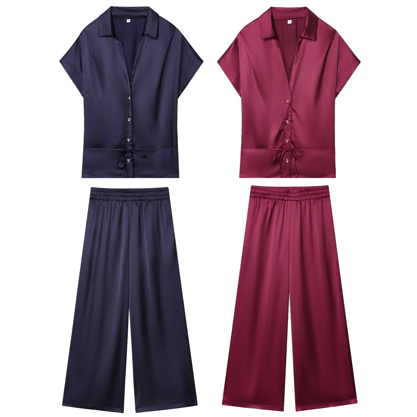 Women's new fashion with Belt short sleeved satin textured shirt+Pants suit