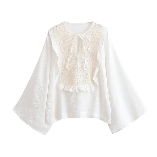 2025 Women's fashion loose lace up patchwork lace shirt