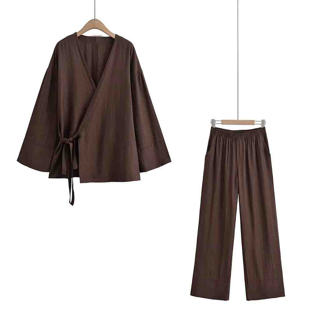 set Women's 2 pieces fashion loose comfortable V-neck lace up top +Pants suit