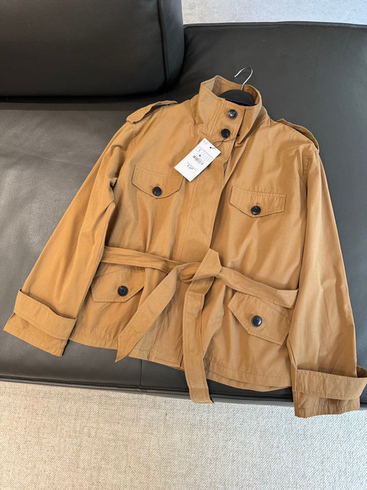 Women's new fashion with Belt short retro stand collar Windbreaker coat