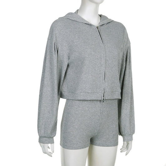 Women's Yoga Sportswear Knitted Zipper Hooded Cardigan Sweater V-neck Triangle Cup Bra High Waist Tight Shorts Casual Three-piece Suit