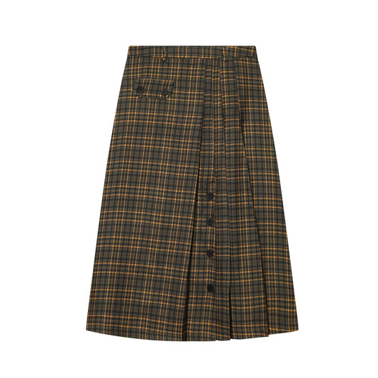 Women's button decoration pleated plaid MIDI skirt