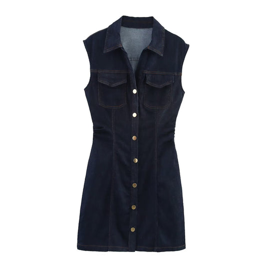Women's new fashion sleeveless shirt style slim denim mini dress