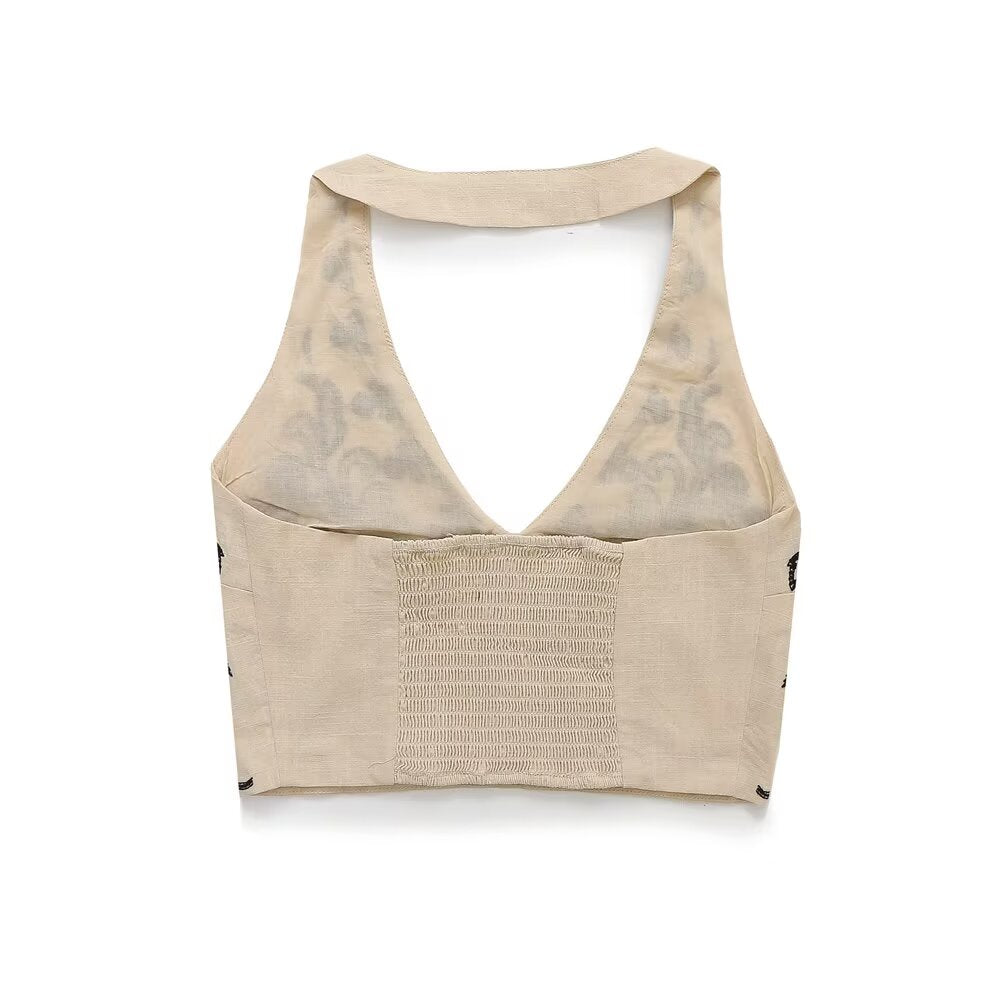 suit Women's 2 pieces new fashion short embroidered hanging neck top+Skirts suit