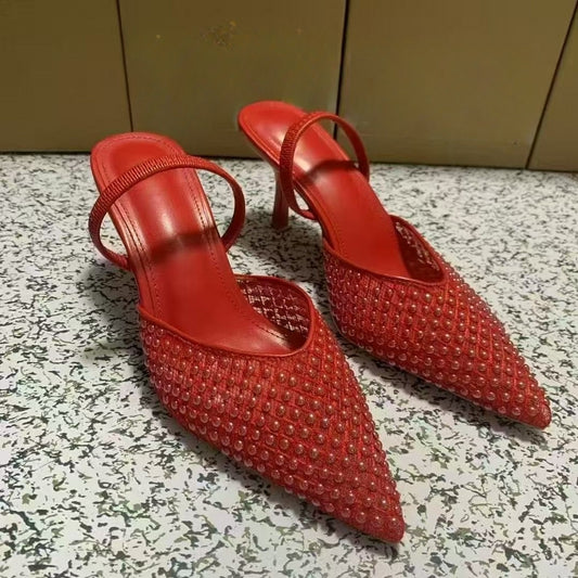 Women's New Fashion Joker Hollow Rhinestone Decorative Pointed Stiletto Sandals.