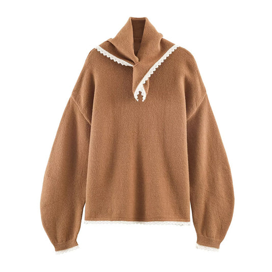 Women's lace headscarf decoration O Neck knitted sweater