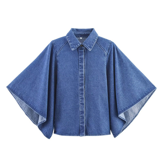 Women's new fashion wide sleeved denim kimono style shirt