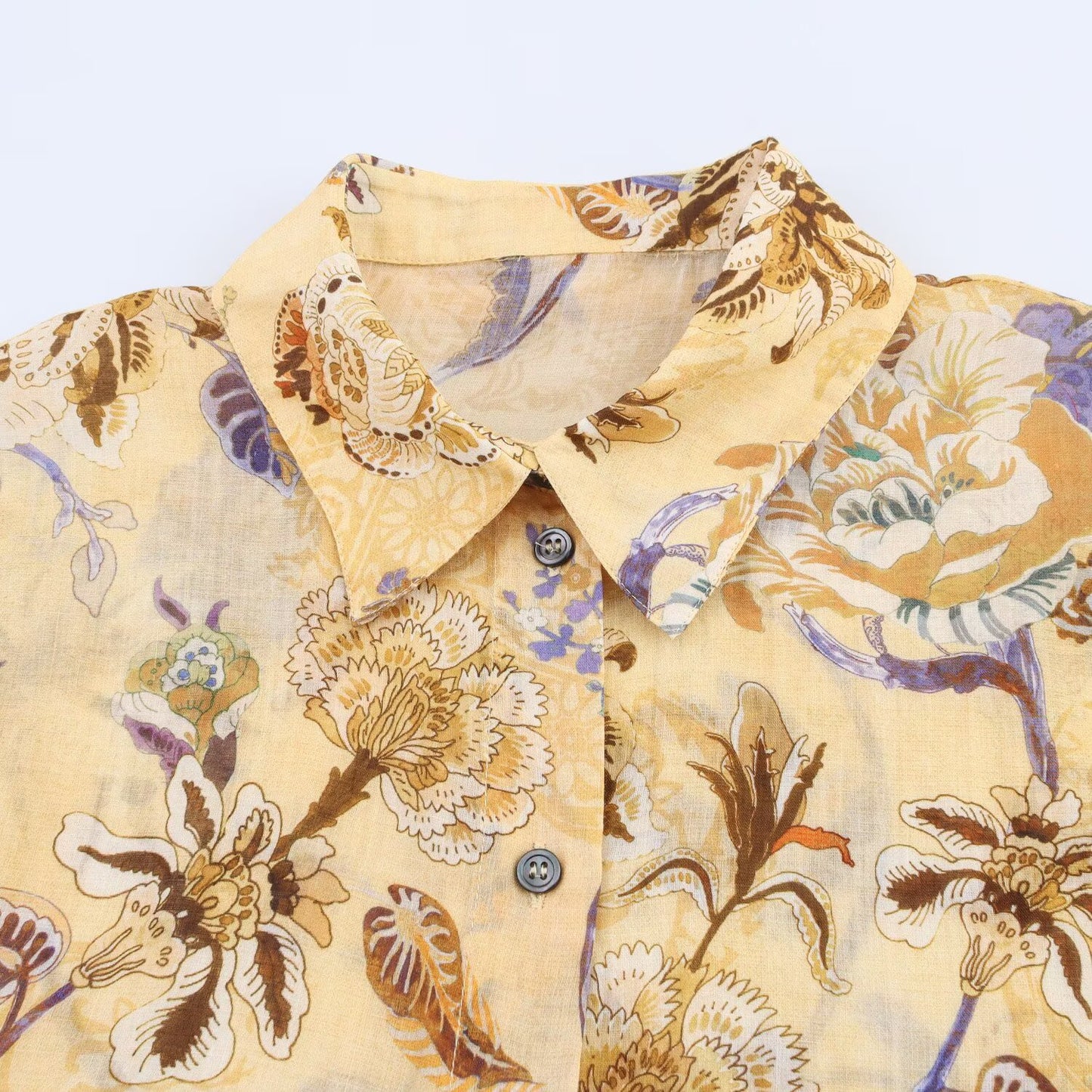 Women's new fashion long sleeved linen blended printed button up shirt