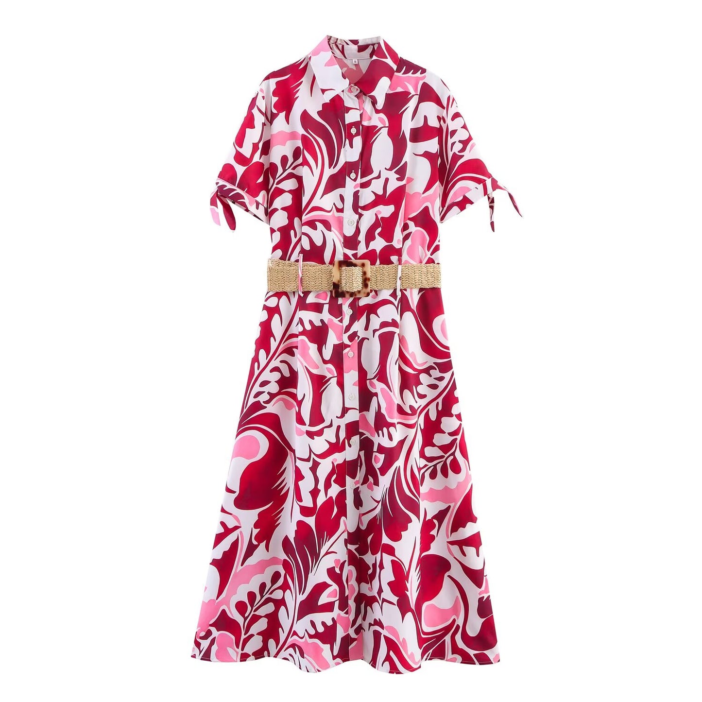 Women's New Fashion With Belt Printed Poplin Midi Dress