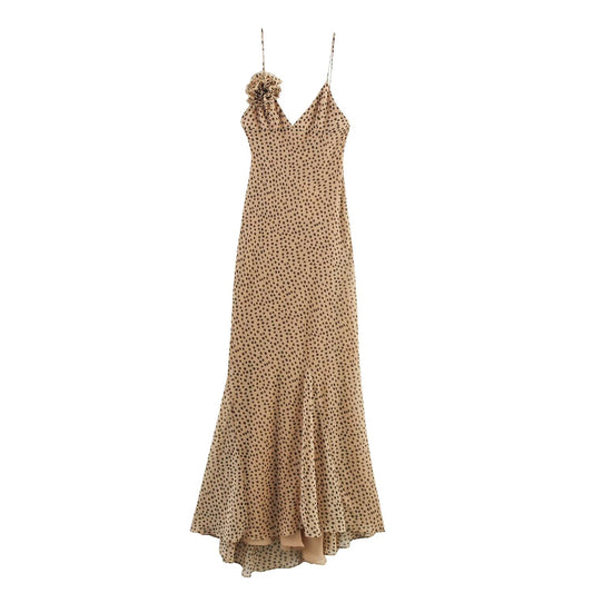 Women's new fashion flower decoration polka dot print suspender MIDI dress