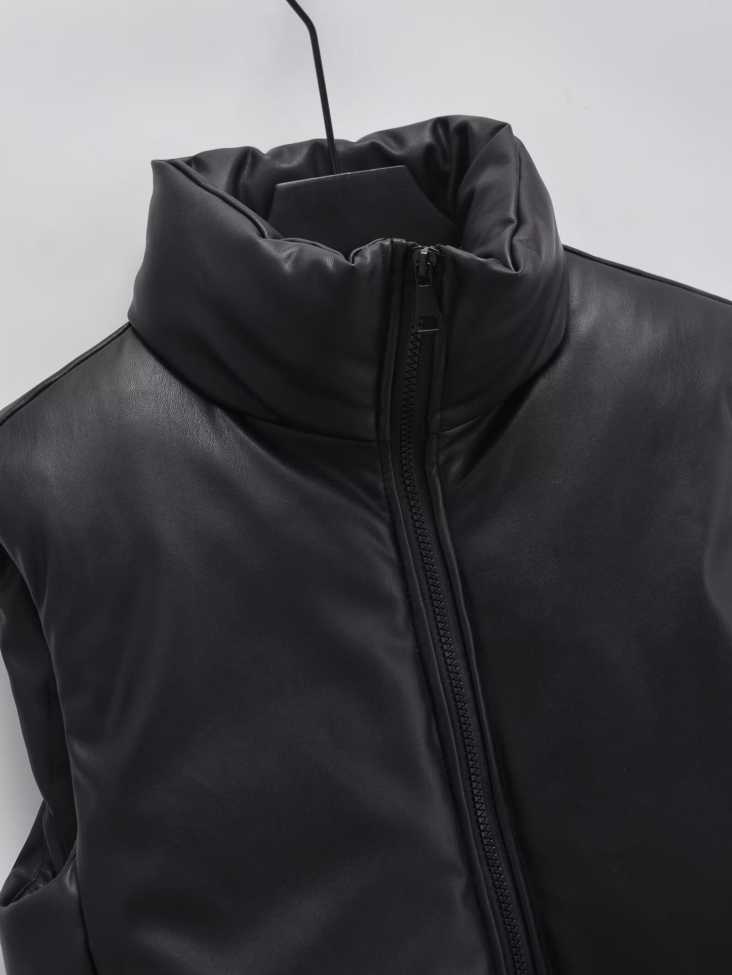 Women's short standing collar Faux Leather cotton vest