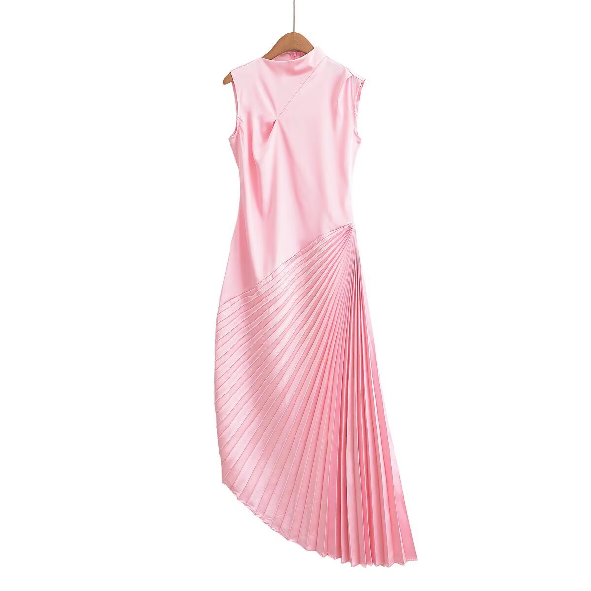 Women's new fashion pleated hem sleeveless satin texture MIDI dress