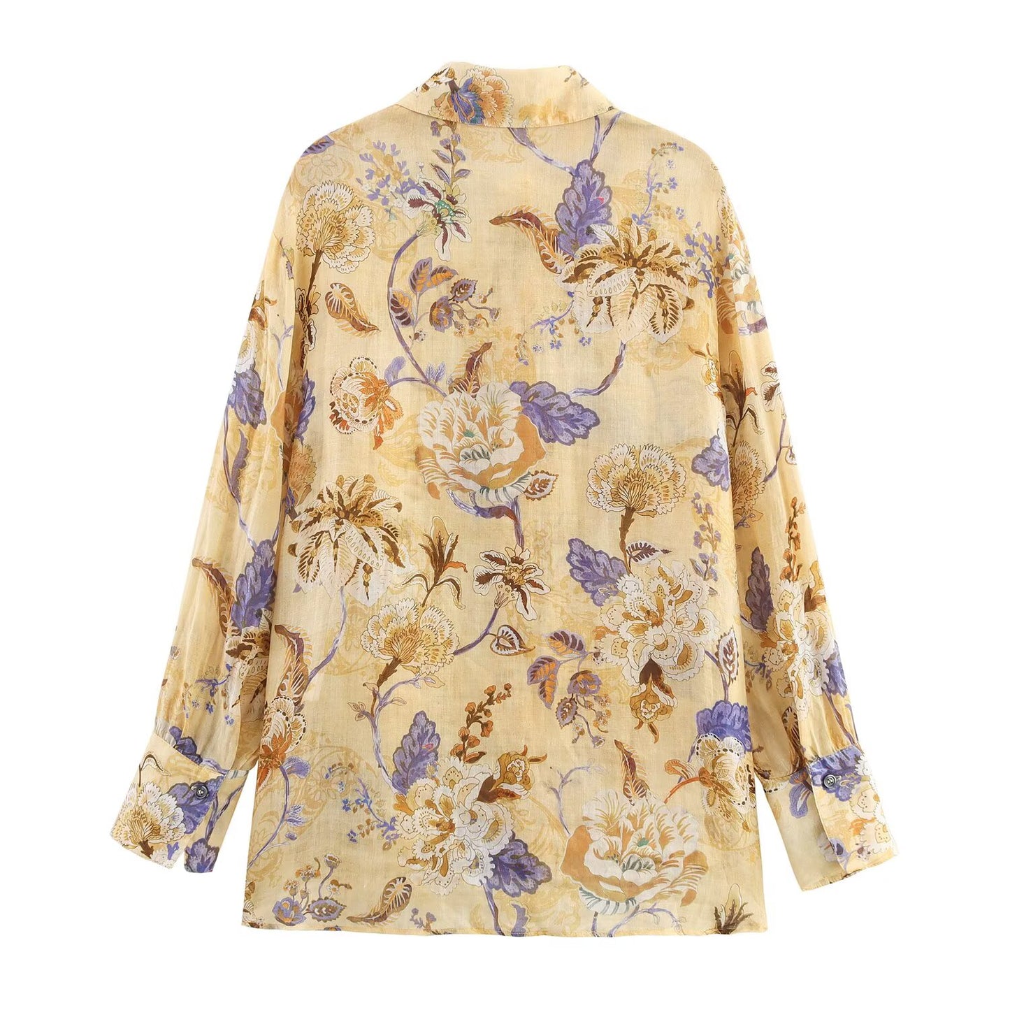 Women's new fashion long sleeved linen blended printed button up shirt