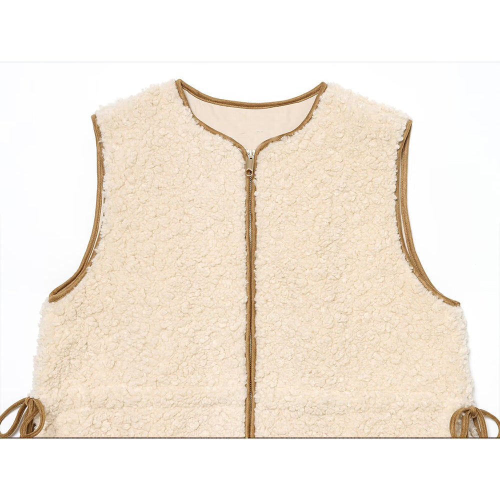 Women's adjustable waist design sleeveless lambswool vest