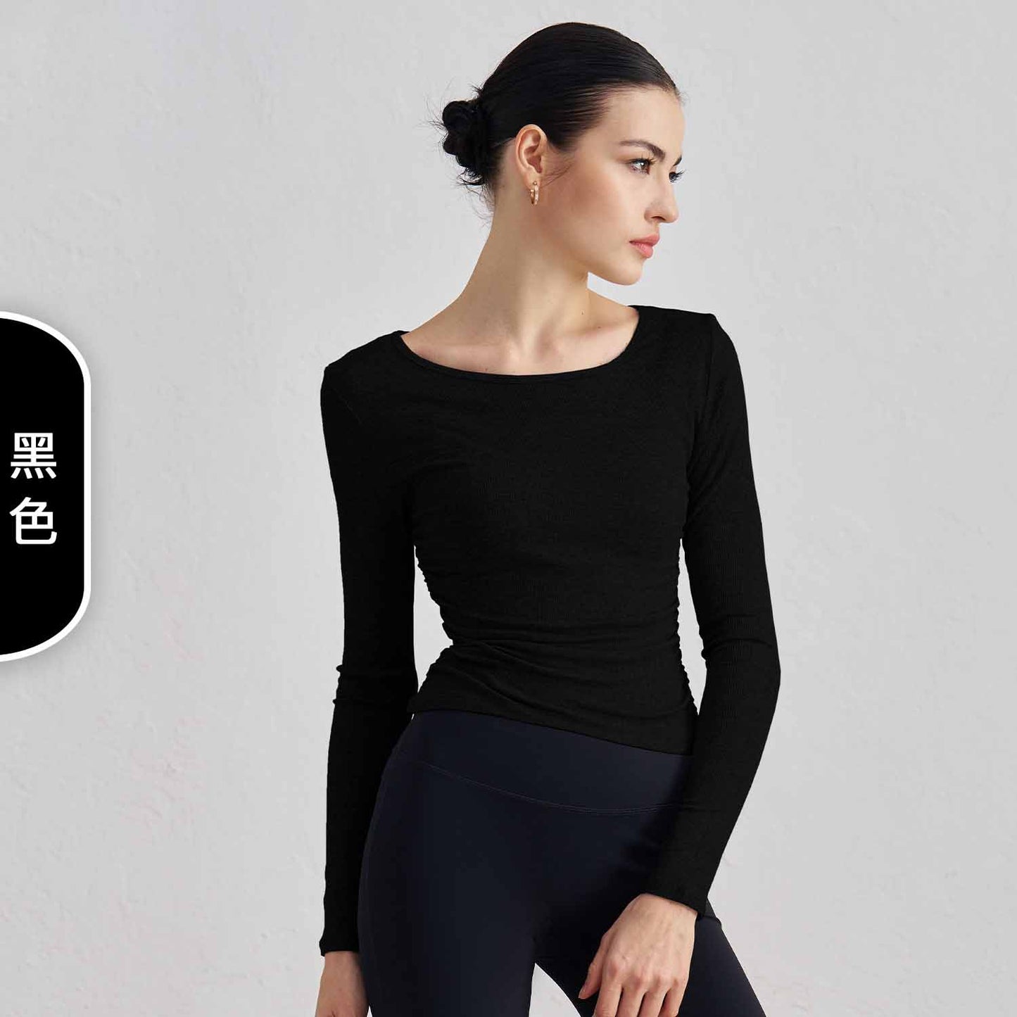 Women's New Ribbed Nude Yoga Clothes Pleated Slim Round Tie Finger Sleeve Fitness Long Sleeve Top