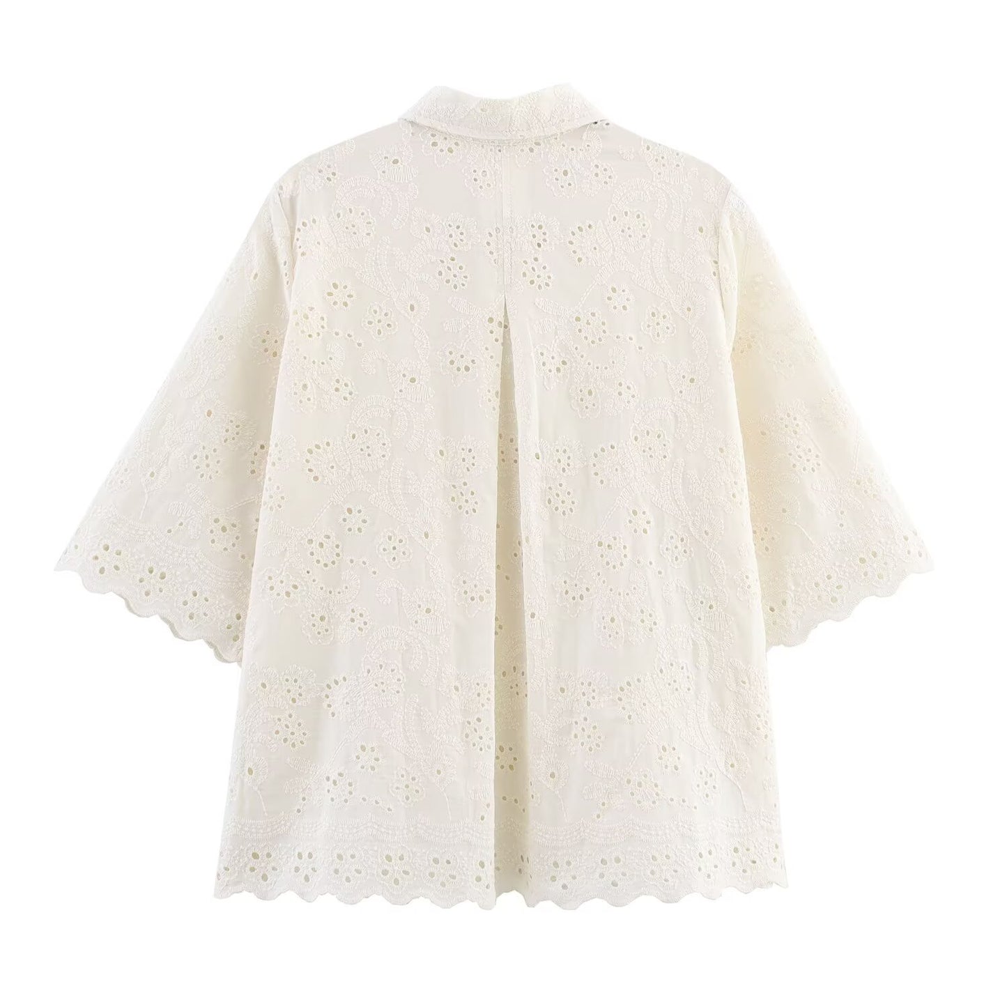 suit Women's 2 pieces New loose short sleeved hollow embroidered shirt + Pants suit