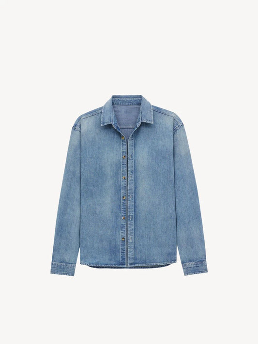 Men and women with the same new casual Joker linen slub sand washed denim long sleeve chic shirt.