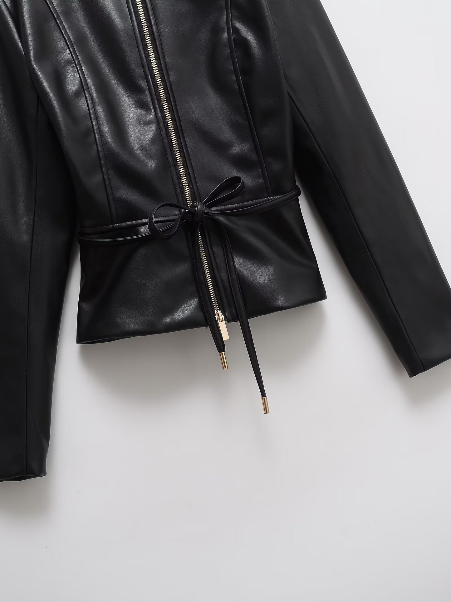 Women's with Belt O Neck zipper Faux Leather jacket Coat