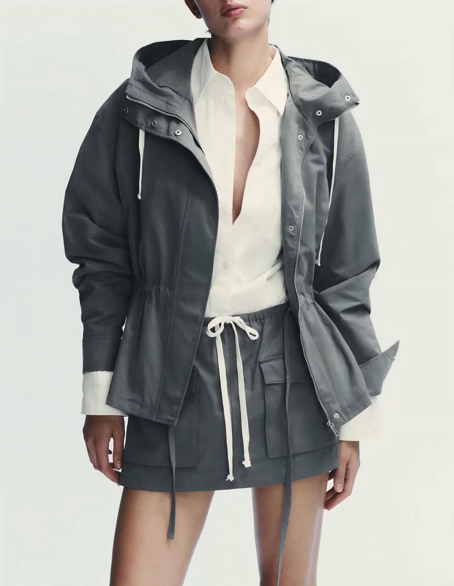 Women's New fashion Retractable waist design loose hooded jacket Coat + shorts suit