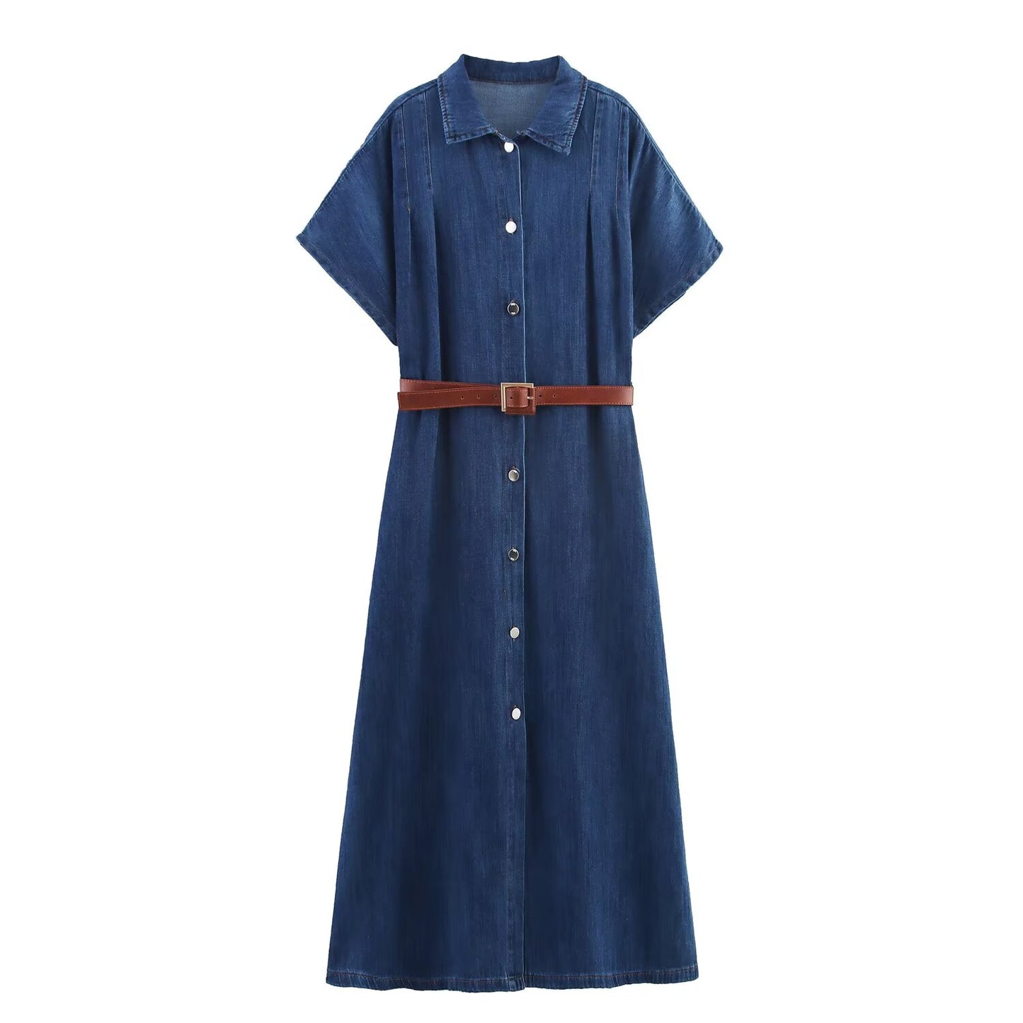 women's New Fashion with Belt short sleeved denim MIDI dress