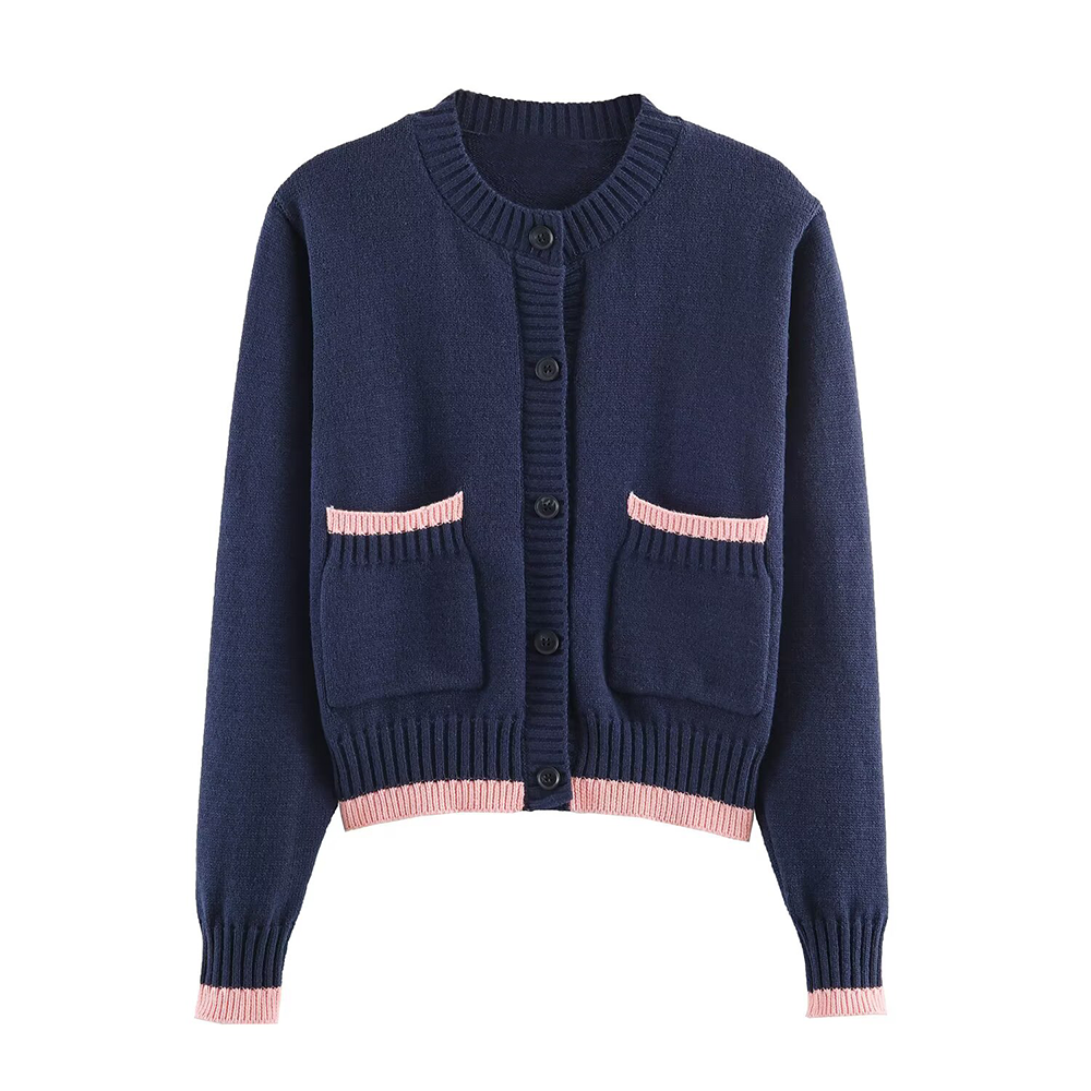 Women's O Neck short spliced knitted Coat