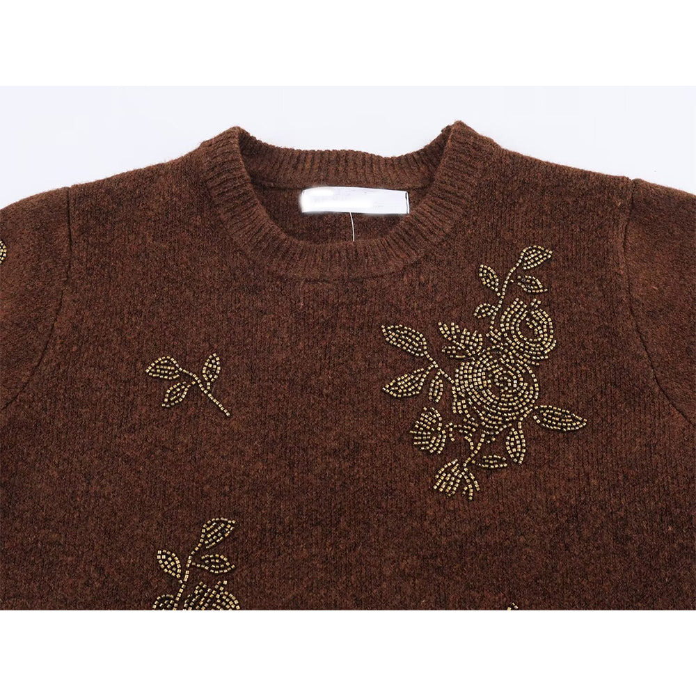 Women's beaded decorative short sleeved knitted sweater