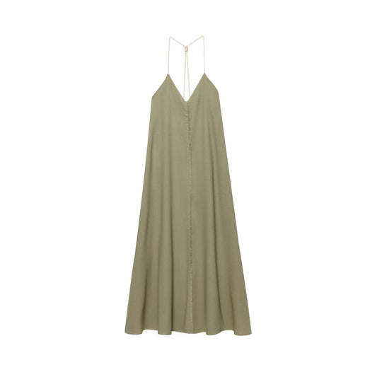 Women's New Fashion Loose Linen Blended Hanging Neck Midi Dress